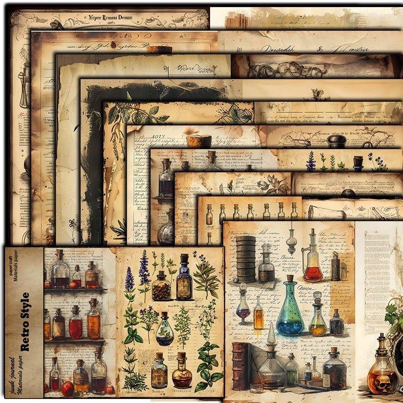 2085 10 Vintage Botanical Institute Material Paper Floral Bottles - Memo Journals