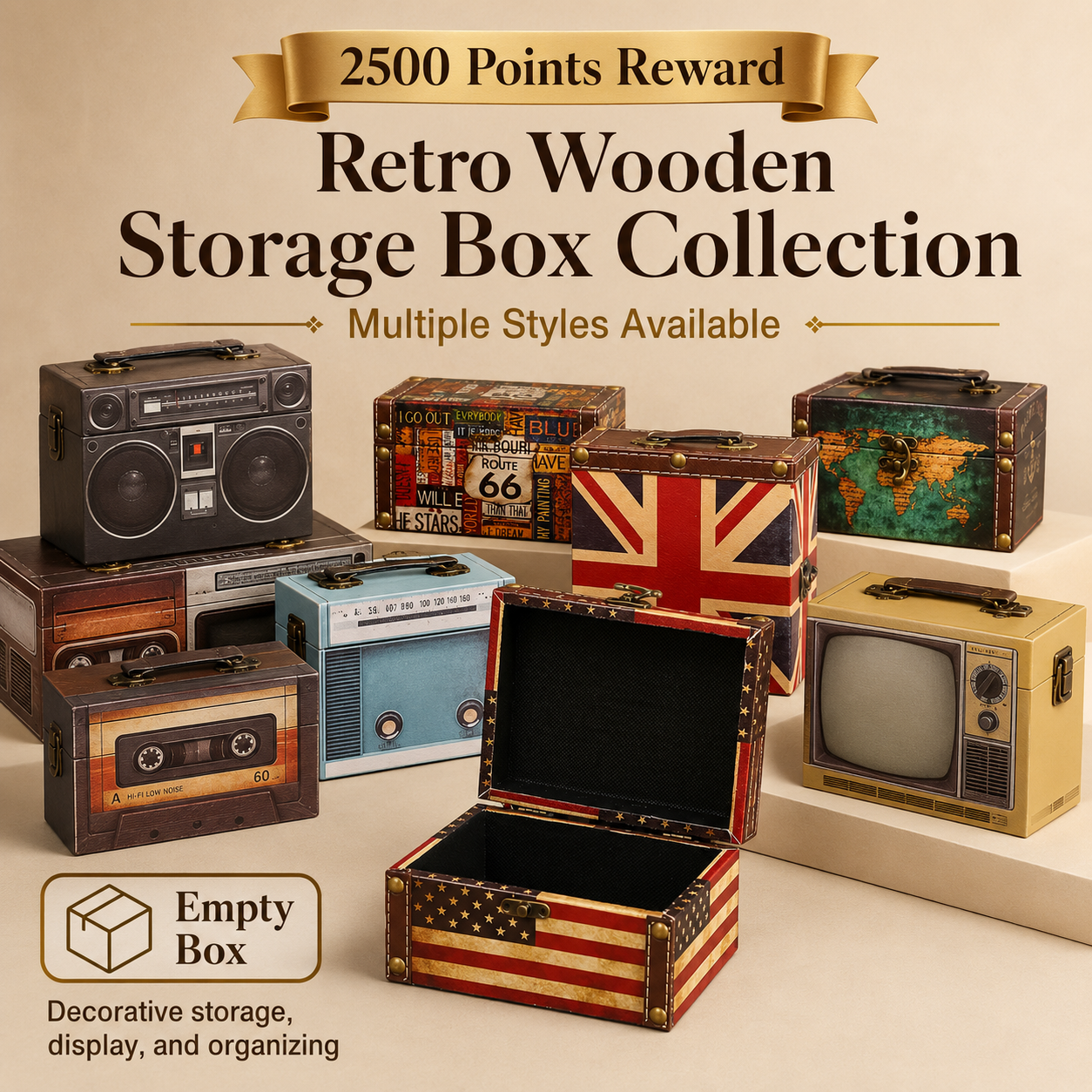 2500 Points Reward | Retro Wooden Storage Box Collection, Empty Decorative Storage Box