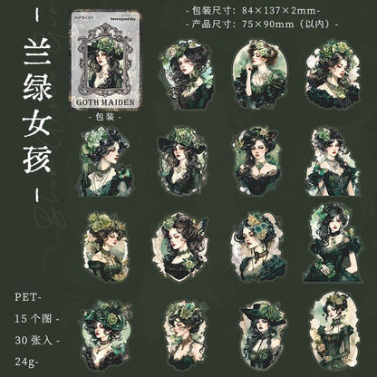 1015 PET stickers gothic girl series retro characters theme handbook decoration waterproof material stickers - Memo Journals