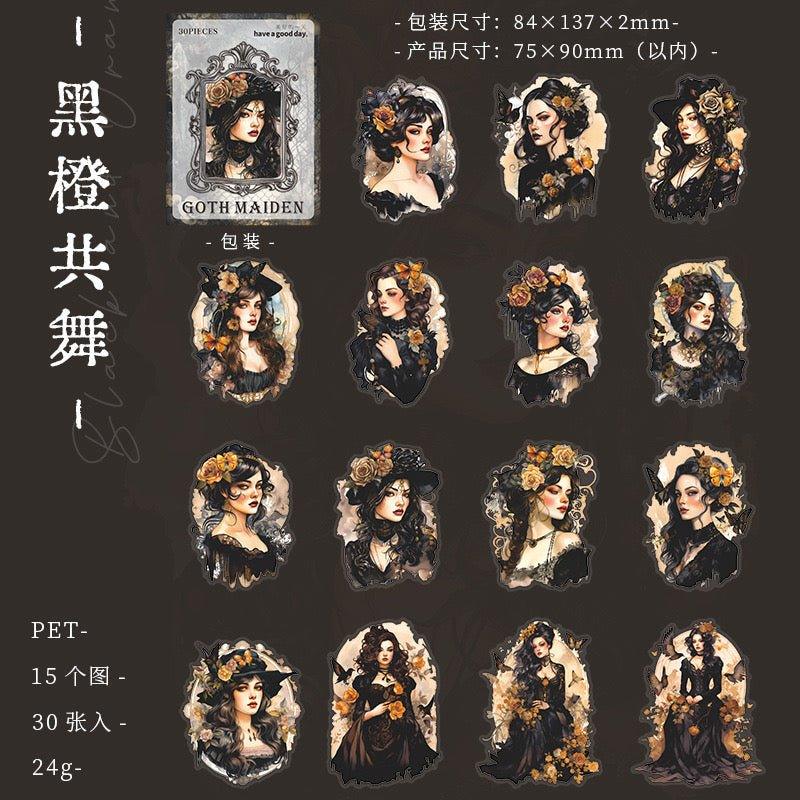 1015 PET stickers gothic girl series retro characters theme handbook decoration waterproof material stickers - Memo Journals