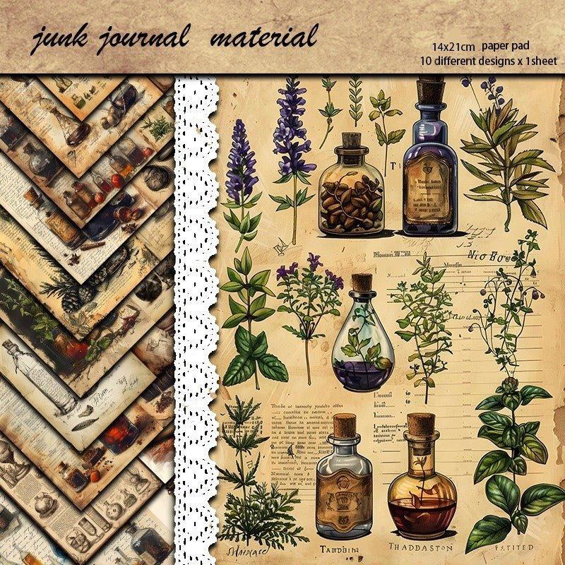 2085 10 Vintage Botanical Institute Material Paper Floral Bottles - Memo Journals