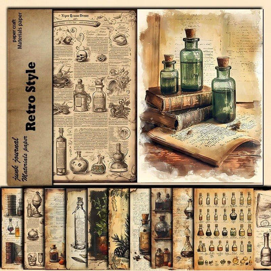 2085 10 Vintage Botanical Institute Material Paper Floral Bottles - Memo Journals