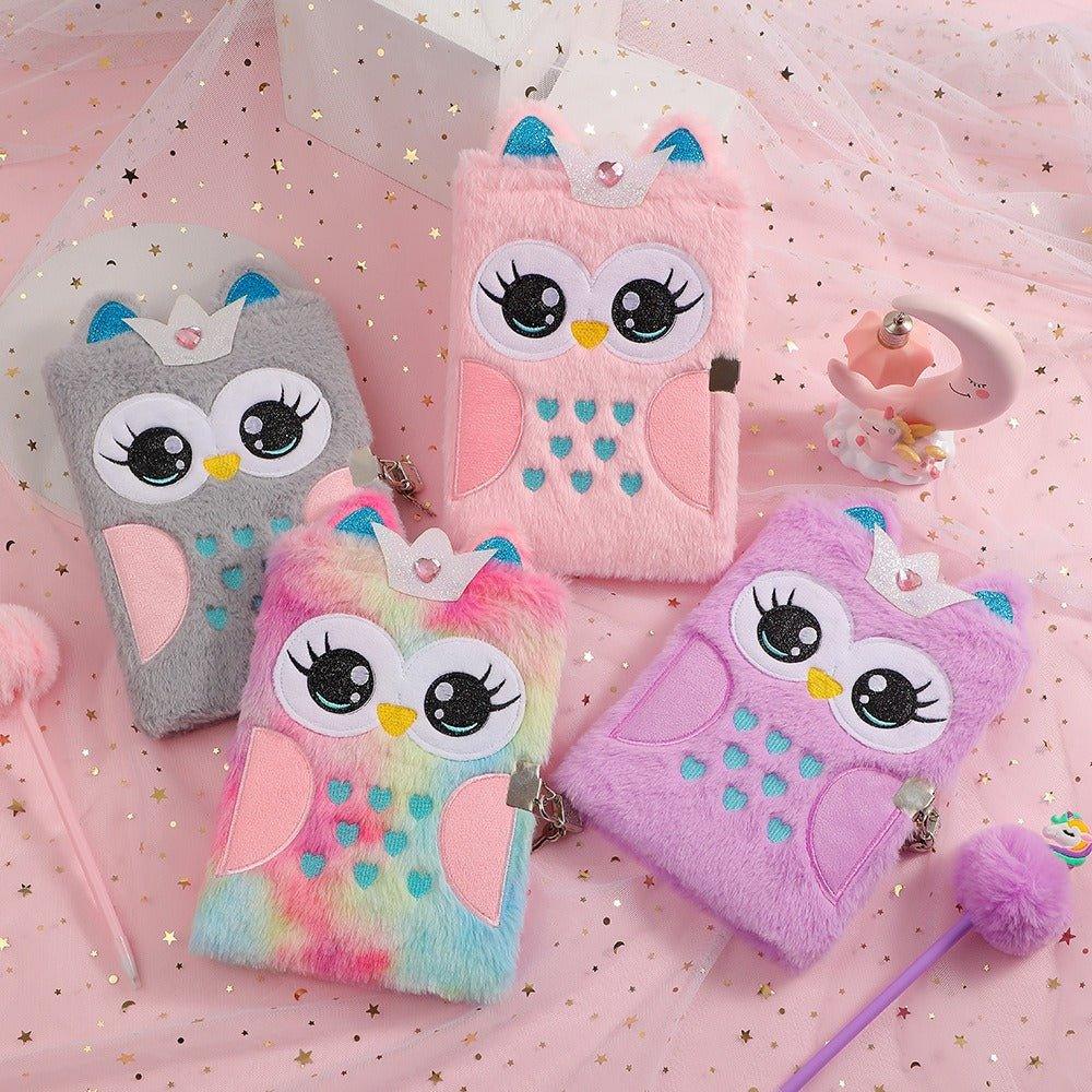 4020 Cartoon Plush Notebook A5 Owl with Lock Diary - Memo Journals