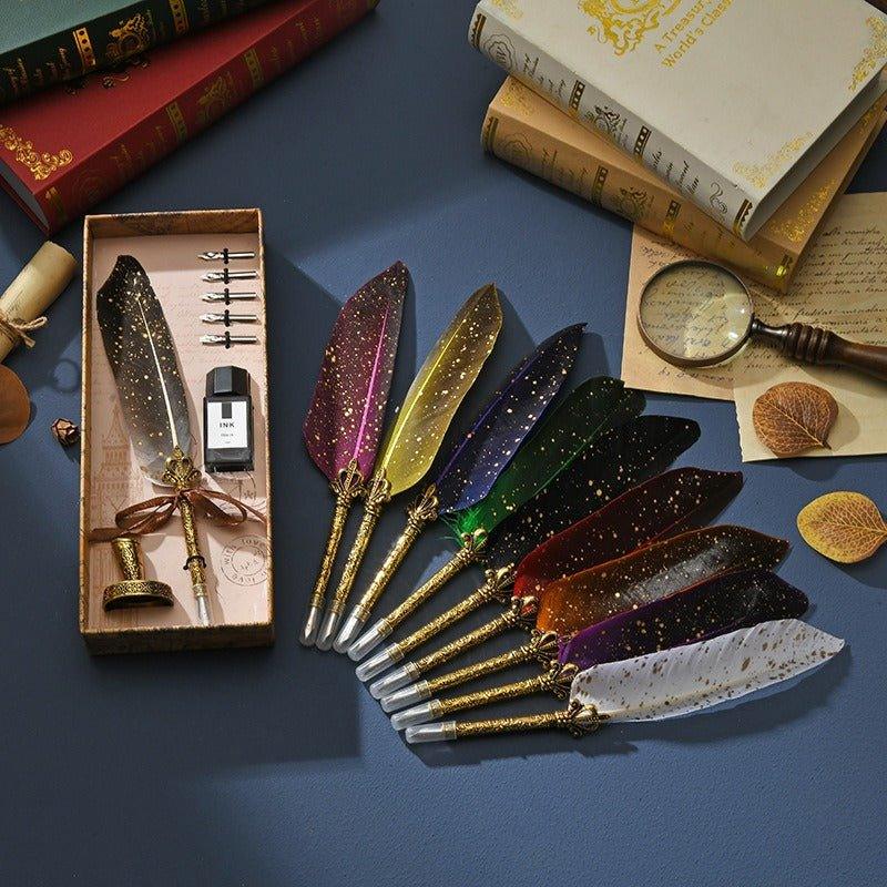 9019 Feather Pen Set Dip Pen Scattered Gold Feather Fountain Pen - Memo Journals