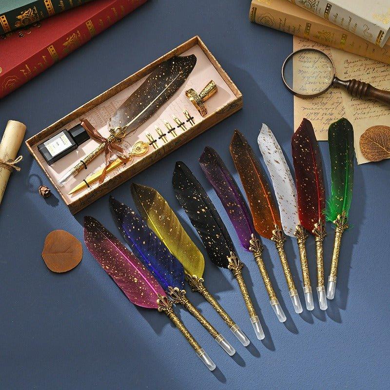 9022 Dip Feather Pen Set Spattered Gold Feather Fountain Pen - Memo Journals